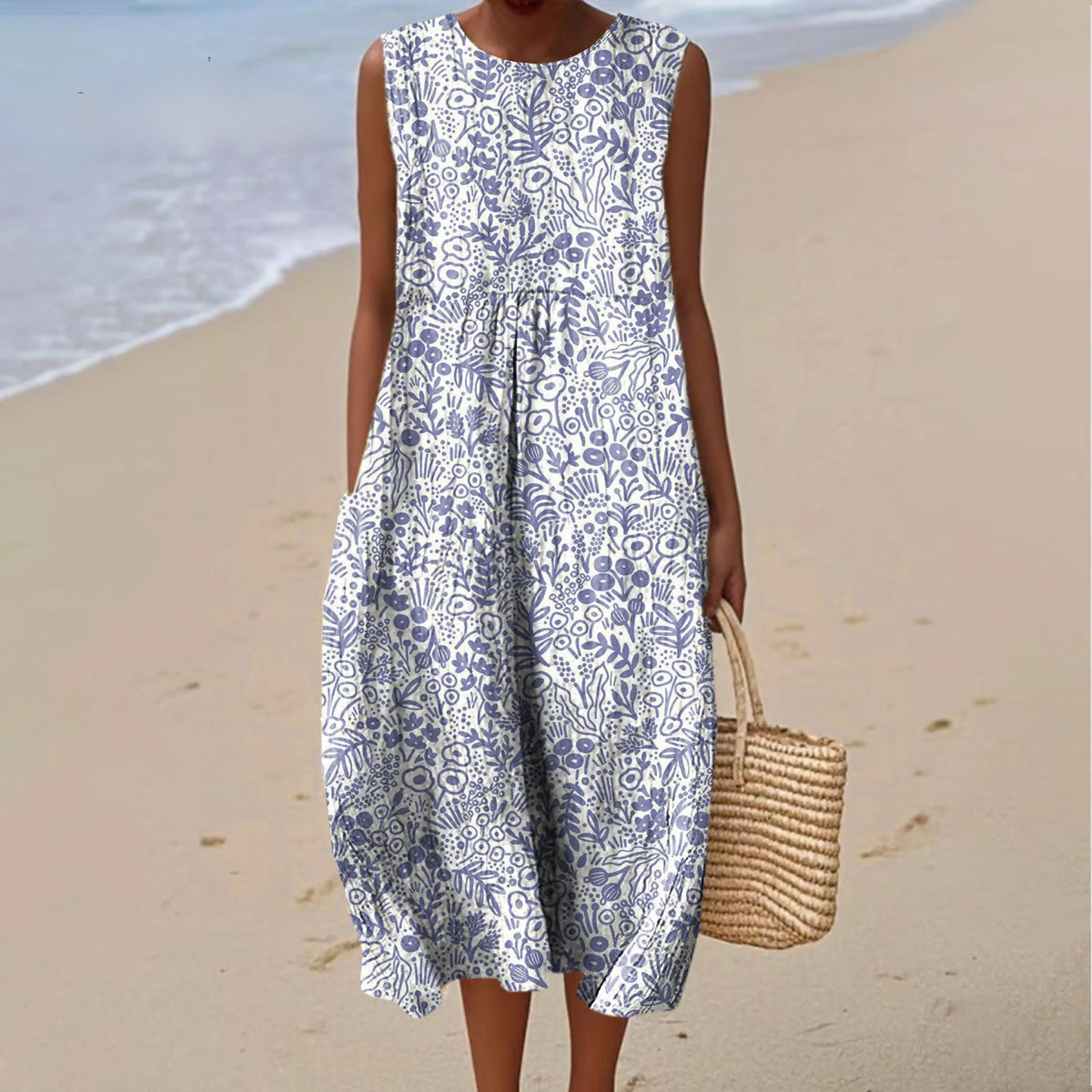 Women's Vintage Flower Art Print Sleeveless Cotton Pocket Wrap Dress
