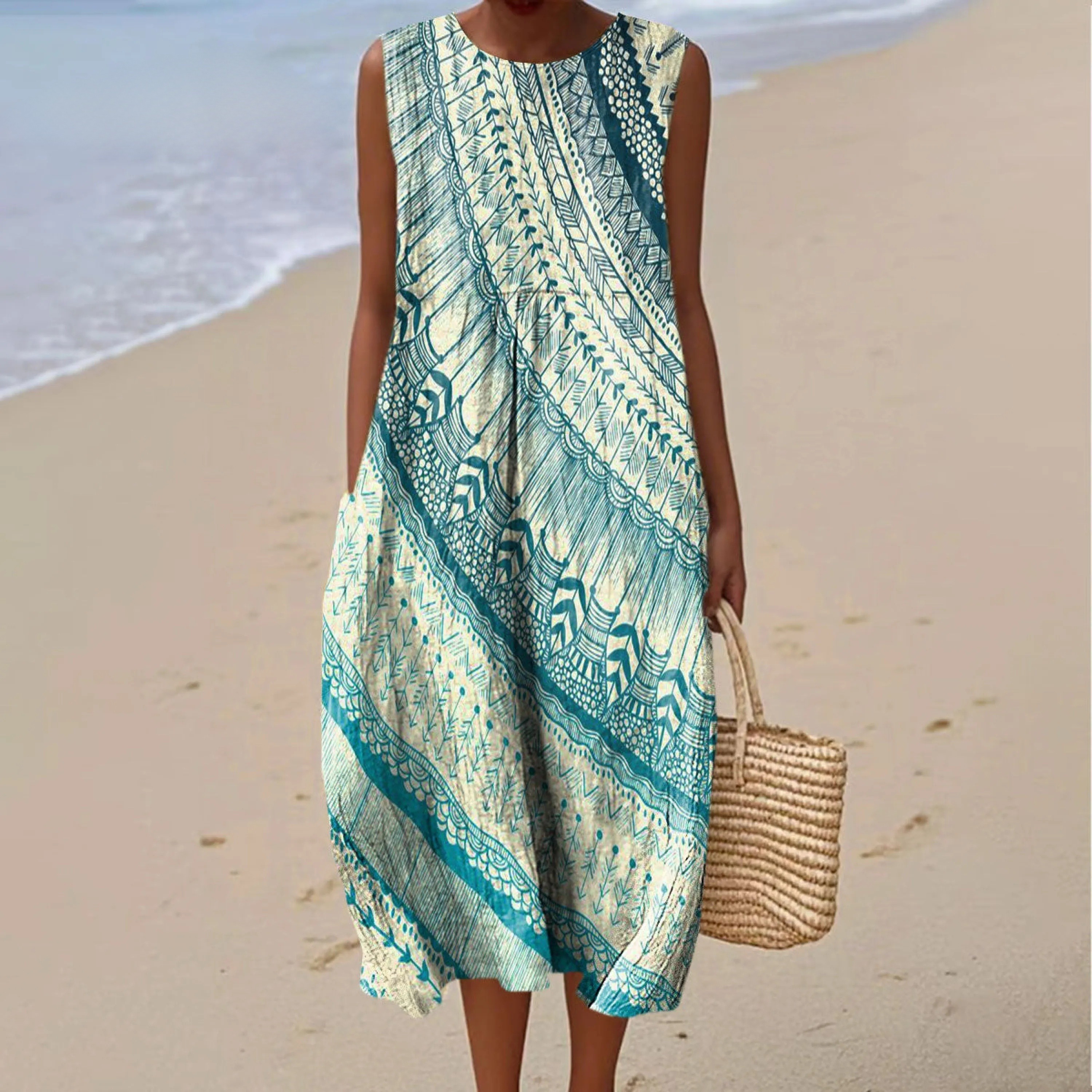 Women's Retro Pattern Art Print Sleeveless Cotton Pocket Wrap Dress