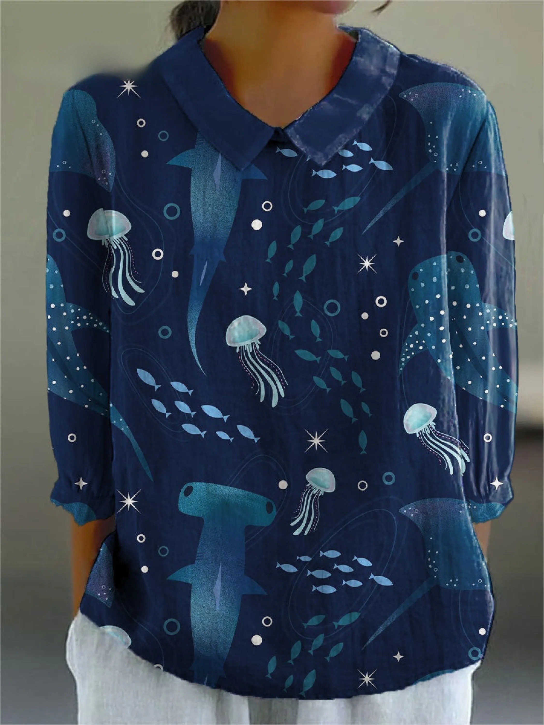 Women's Vintage Sea Life Art Print Casual 3/4 Sleeve Shirt