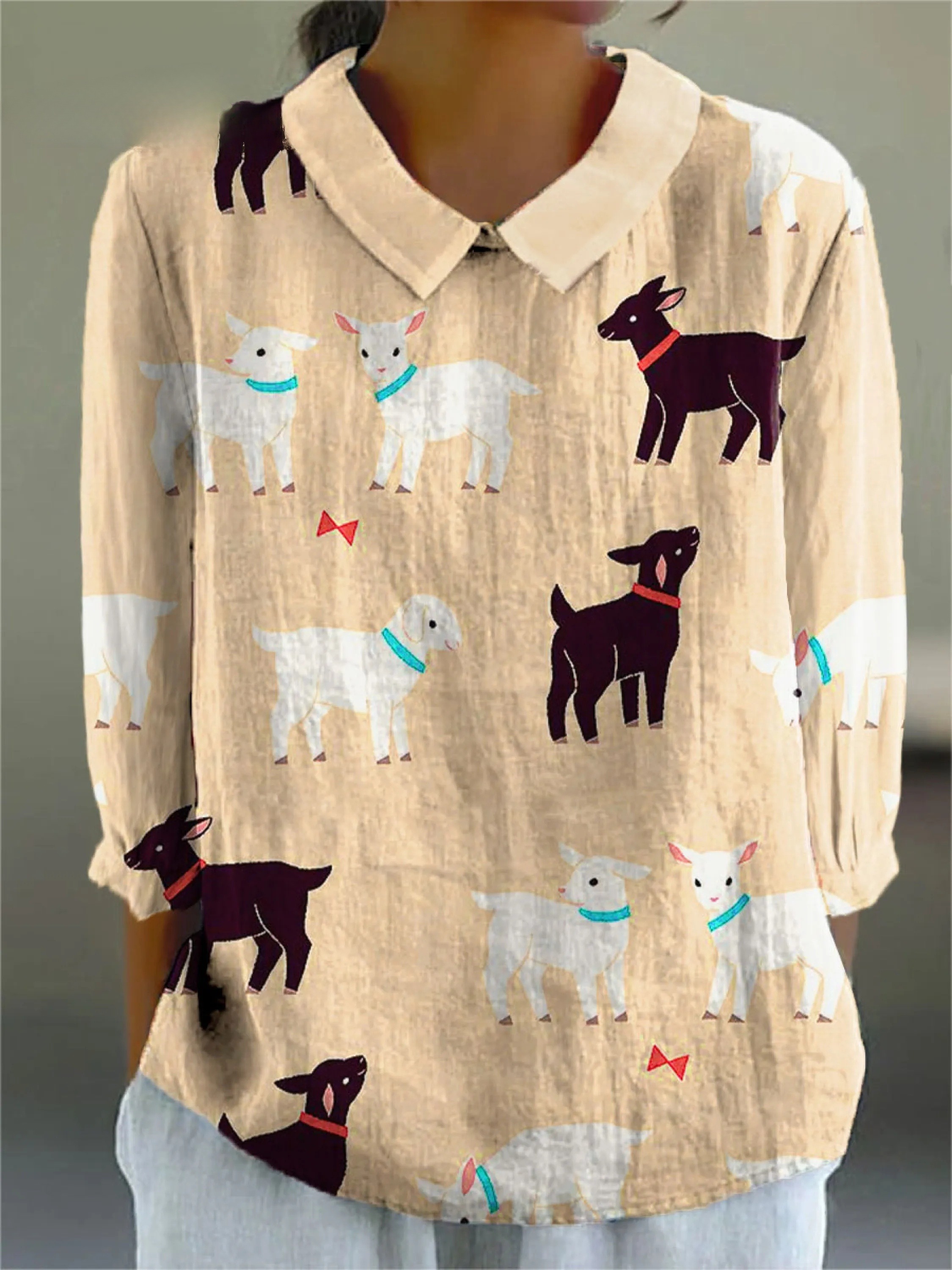 Women's Colorful Lamb Art Print Casual 3/4 Sleeve Shirt