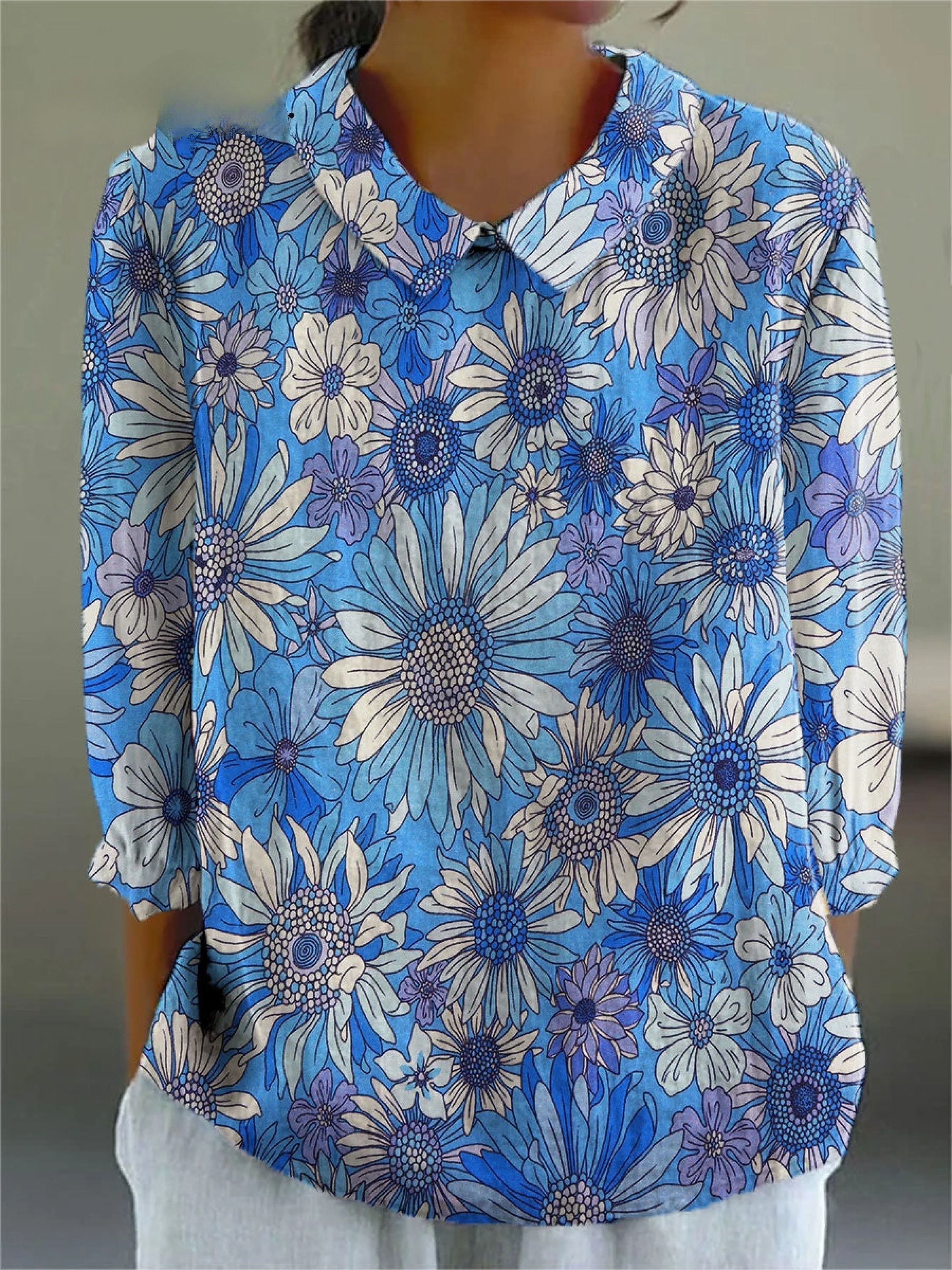 Women's Vintage Flower Art Print Casual 3/4 Sleeve Shirt