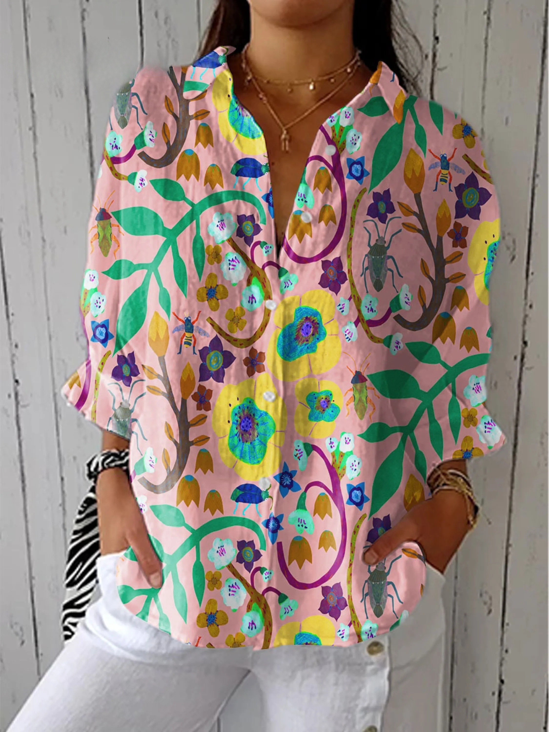 Women's Vintage Flower Art Print Casual V-neck Shirt