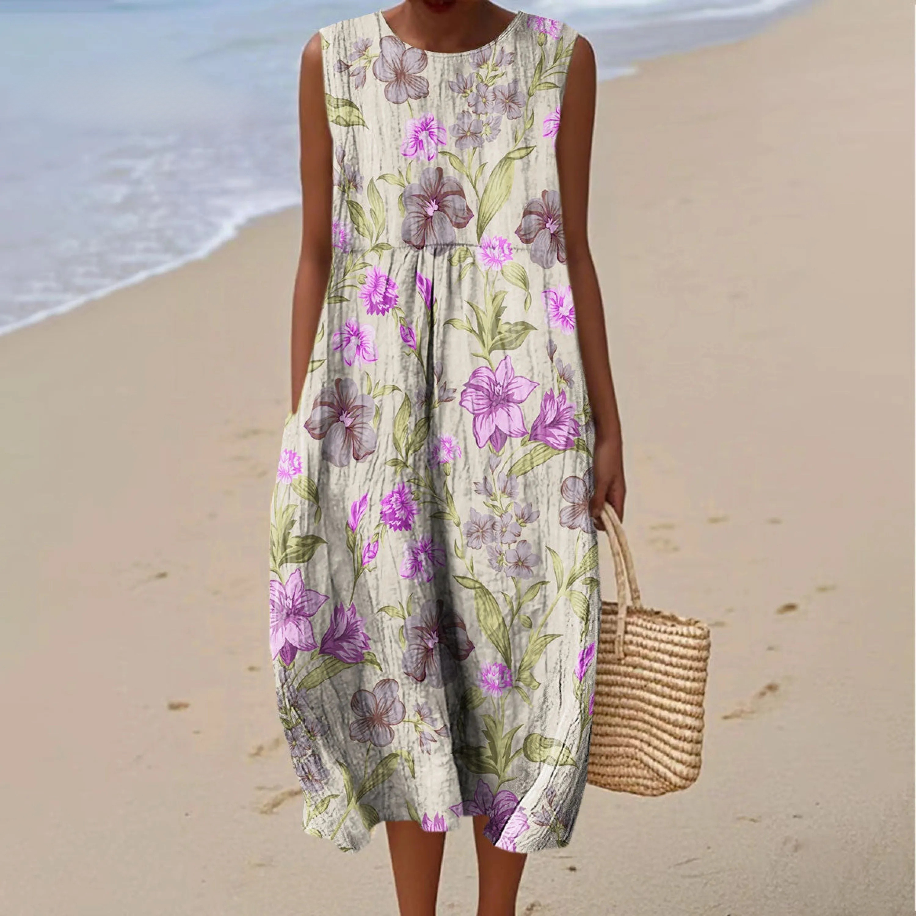 Women's Vintage Flower Art Print Sleeveless Cotton Pocket Wrap Dress