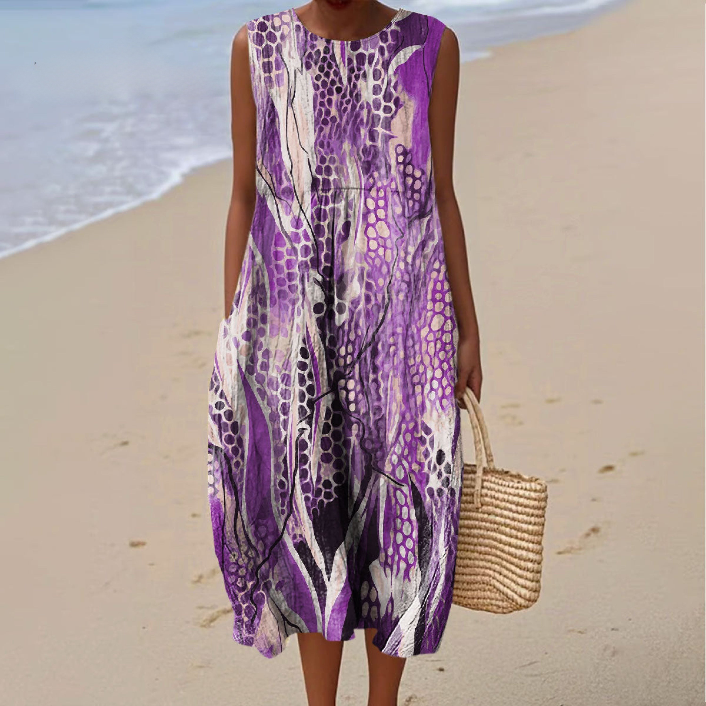 Women's Vintage Texture Art Print Sleeveless Cotton Pocket Wrap Dress