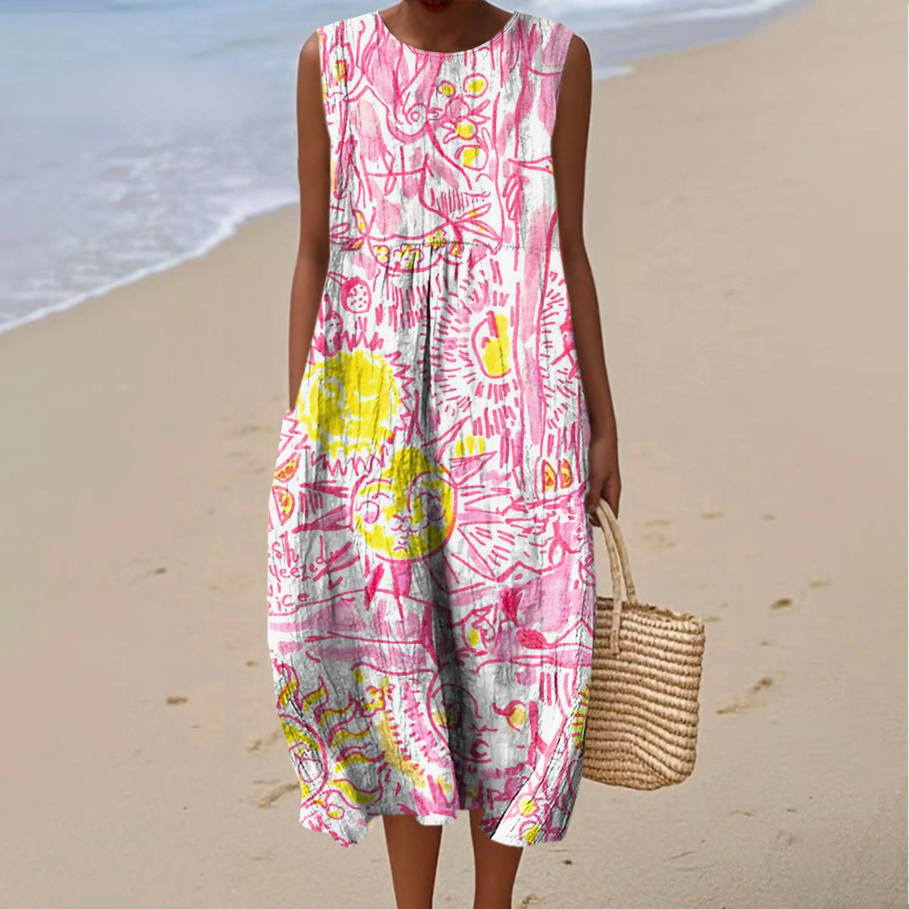 Women's Colorful Abstract Graffiti Art Print Sleeveless Cotton Pocket Wrap Dress