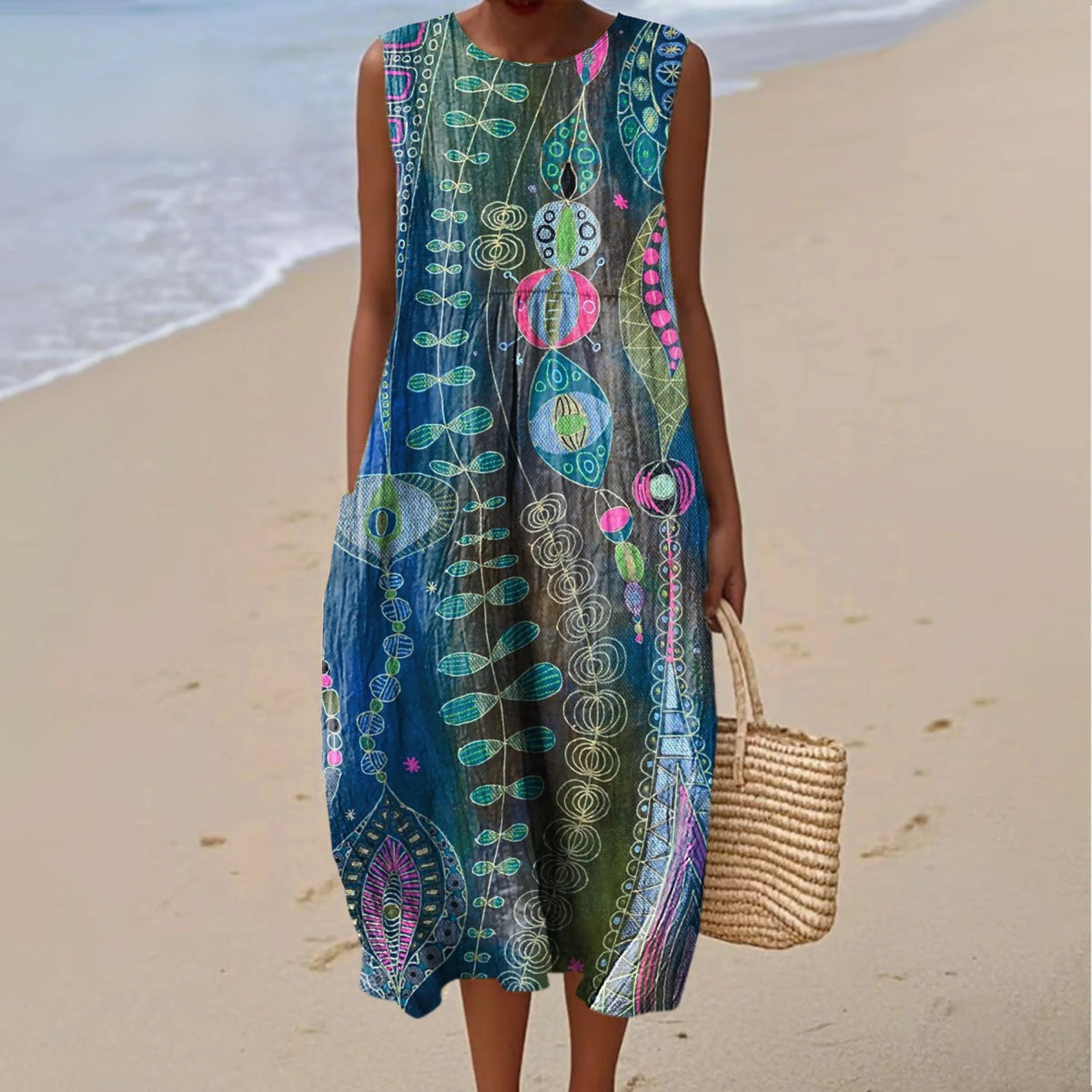 Women's Vintage Abstract Botanical Art Print Sleeveless Cotton Pocket Wrap Dress