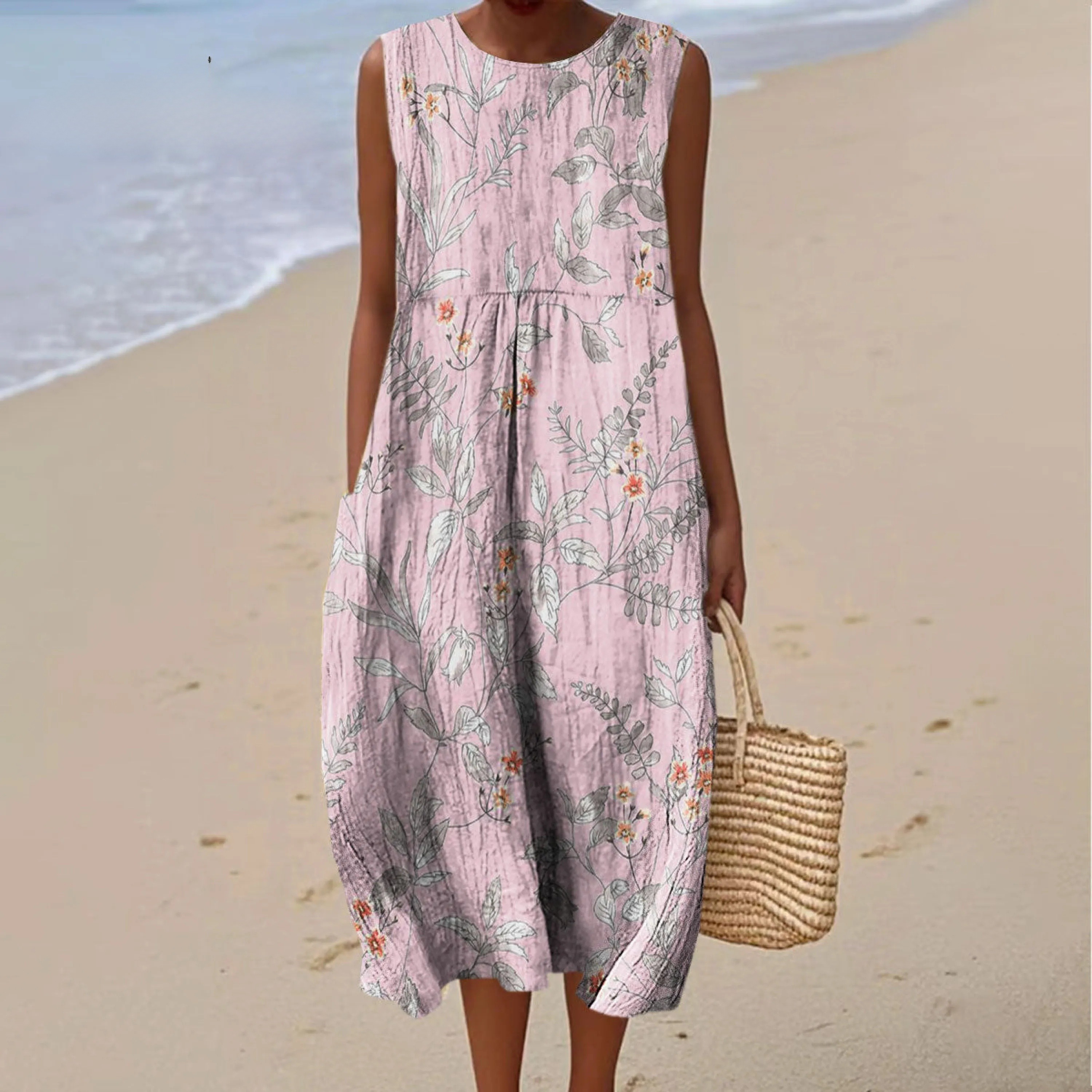 Women's Vintage Flower Art Print Sleeveless Cotton Pocket Wrap Dress