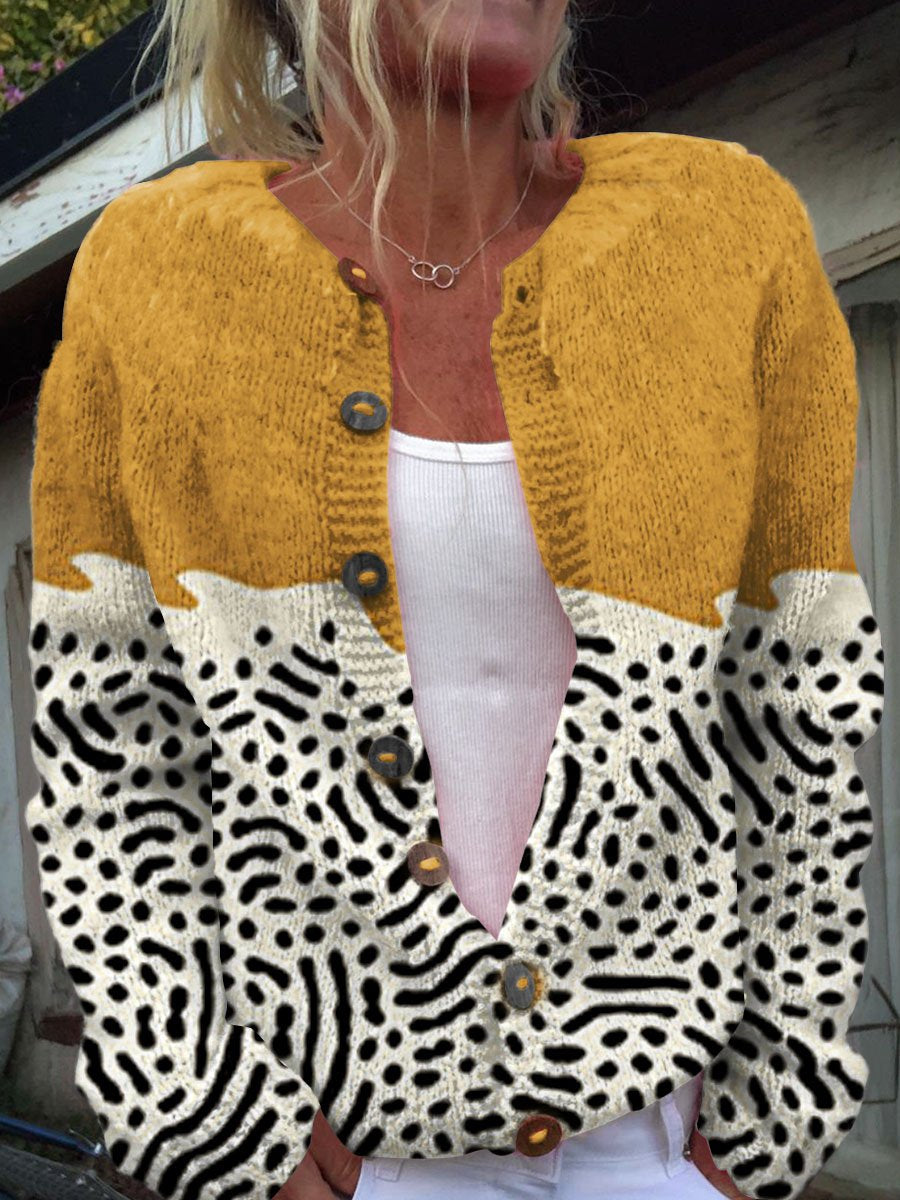 Retro Abstract Geometric Art Print Buttoned Casual Cardigan  Sweater