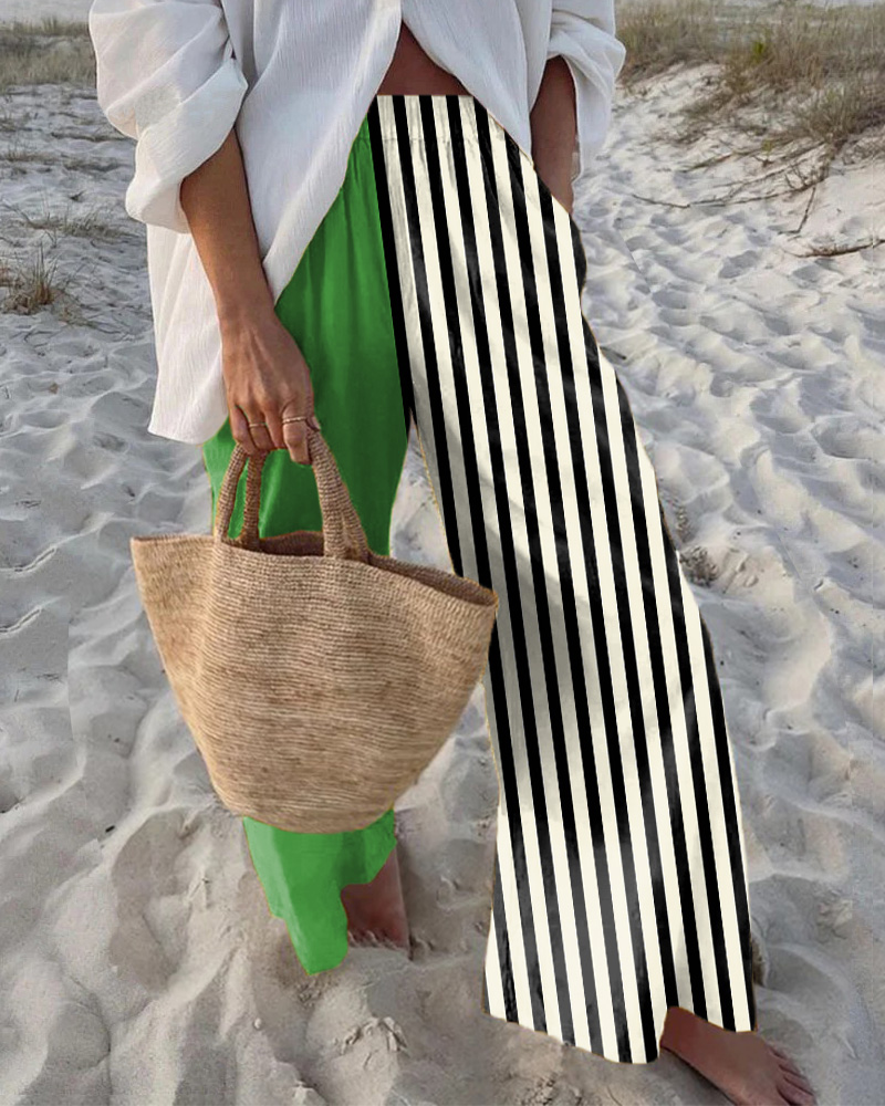 Green Patchwork Stripes Printed Casual Pants