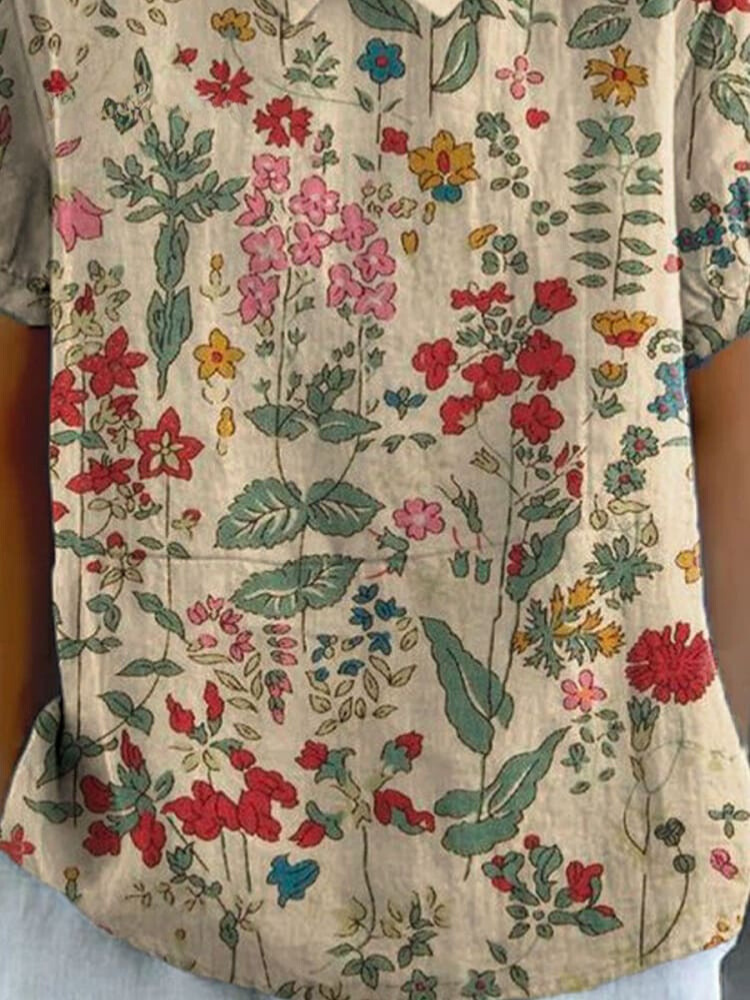 Women's Vintage Floral Art Print Casual Cotton And Linen Shirt