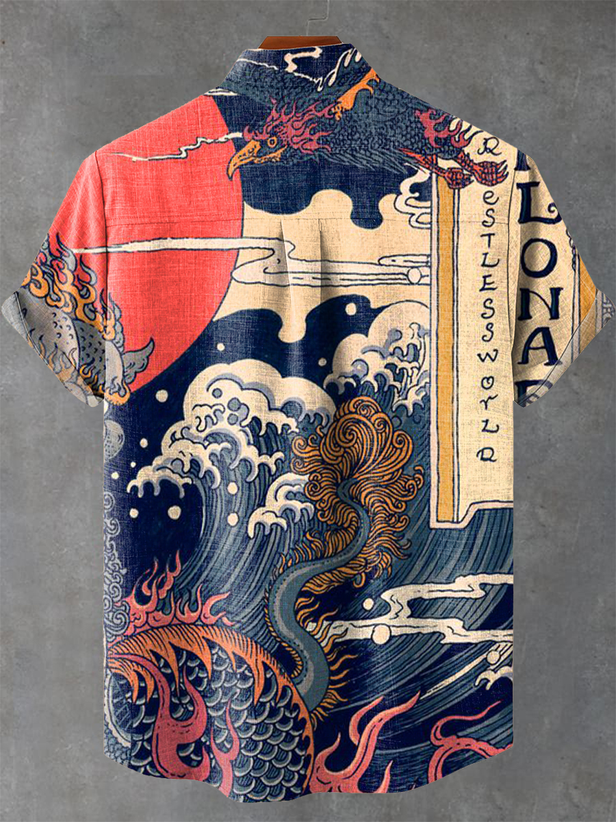Vintage Japanese Art Ukiyoe Wave Painting Print Casual Shirt