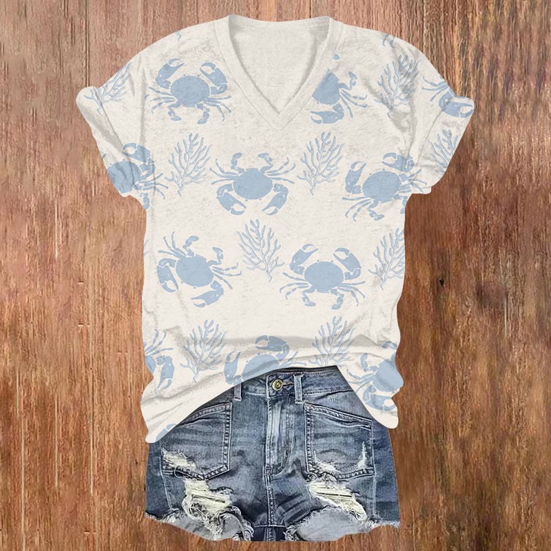 Lovely Crab & Sea Weed Print V-neck T-shirt