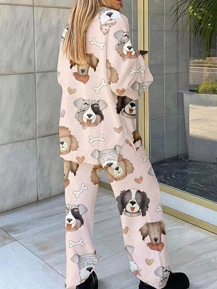 Women's Plush Dog Heart Printed Fleece Suit