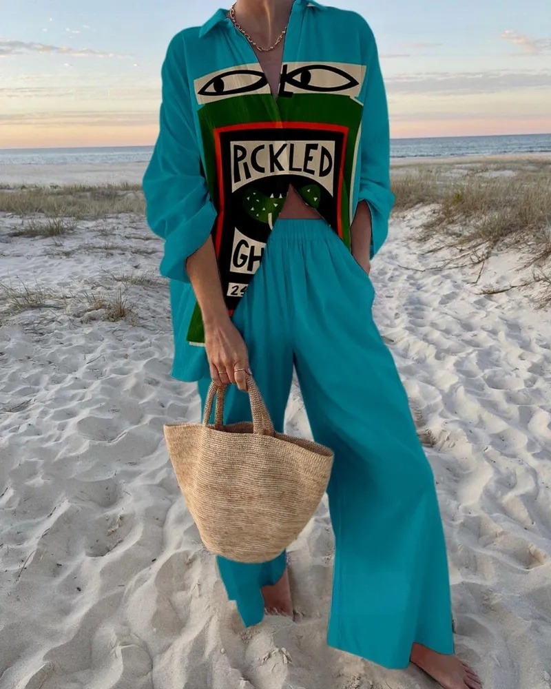 Vintage Fun Printed Shirt & Pants Two-Piece Set