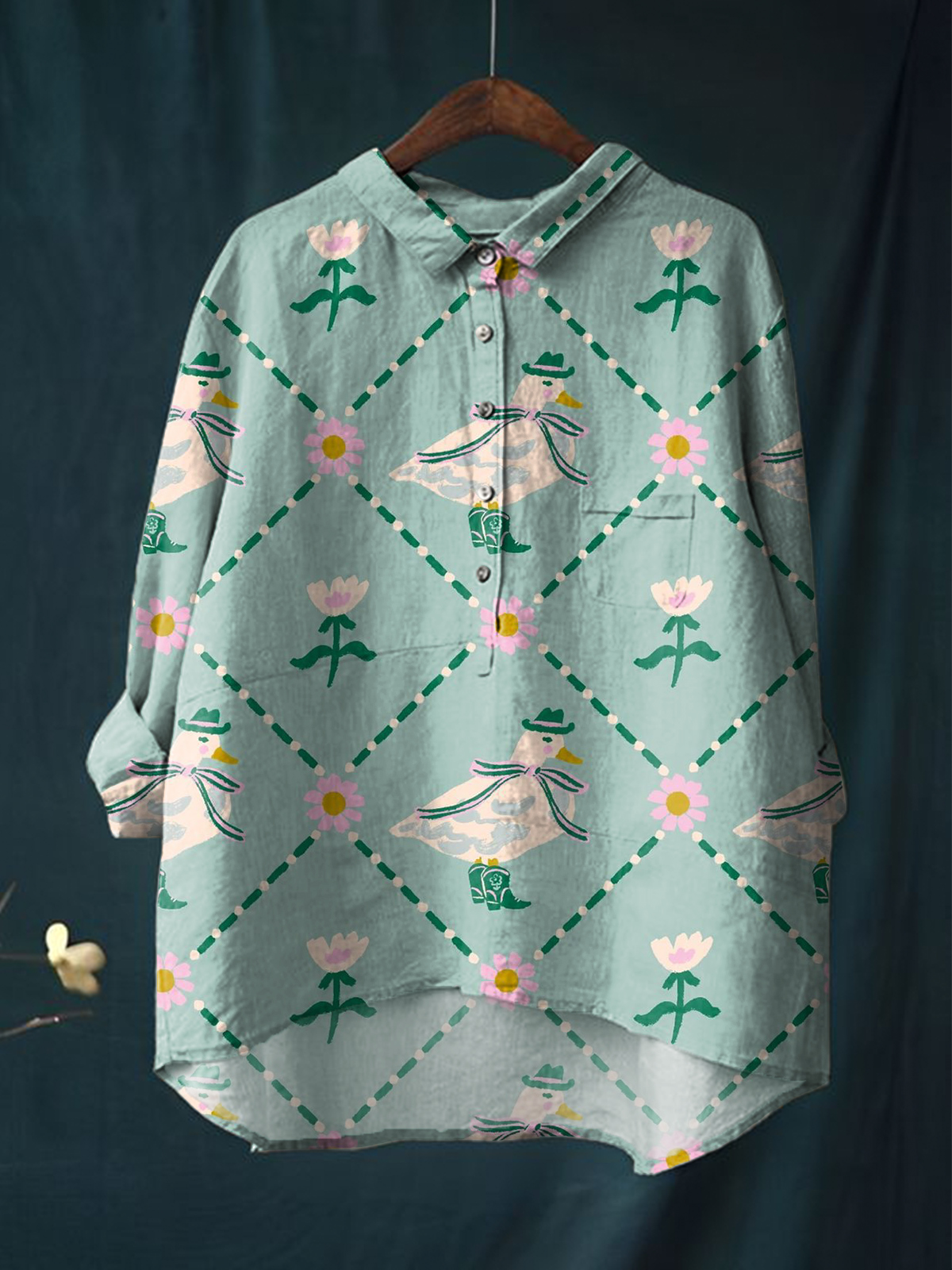 Women's Roses And Duck Print Casual Cotton And Linen Shirt