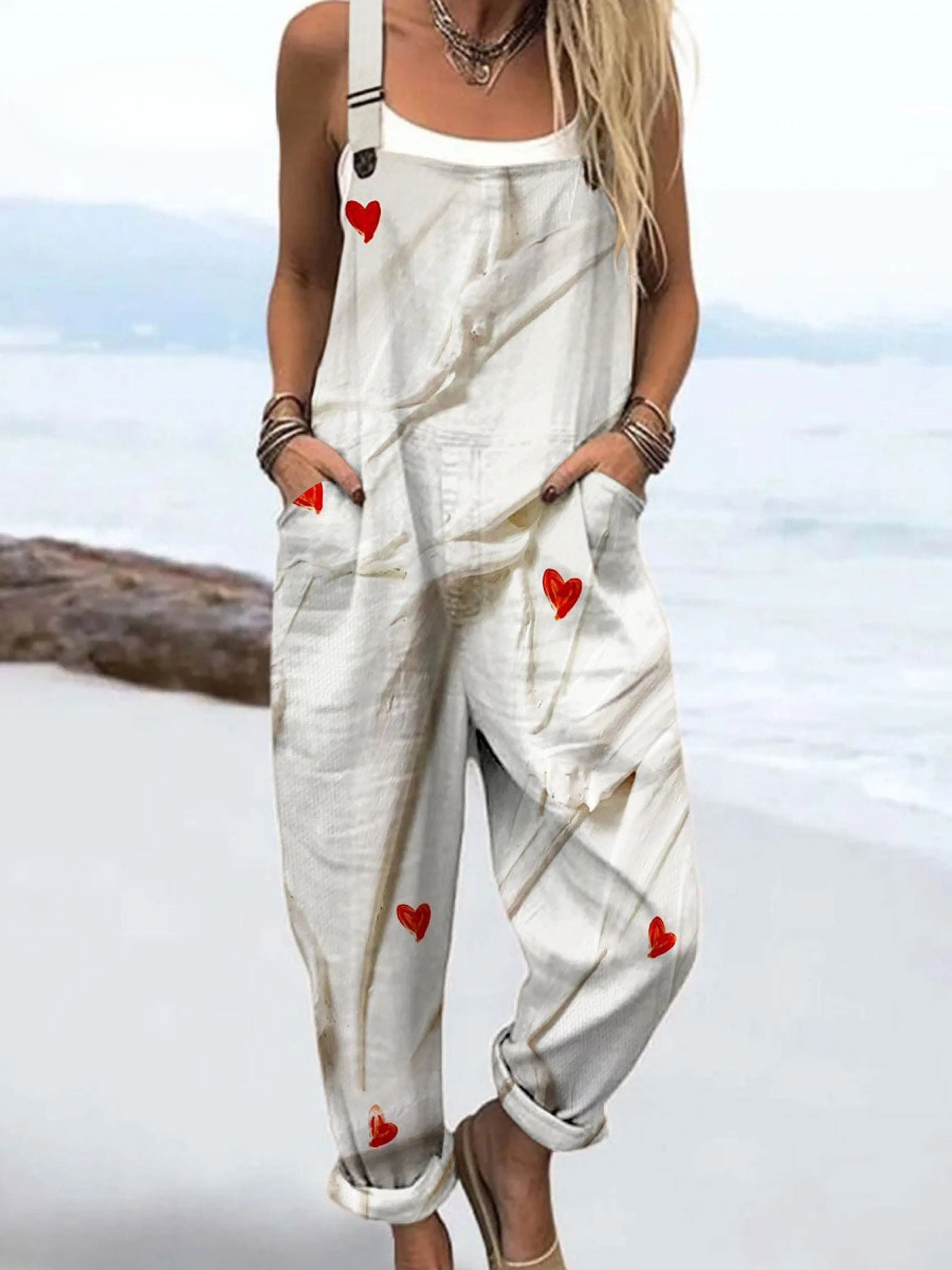 Women's Vintage Abstract Love Heart Art Print Casual 100% Cotton Wide Leg Jumpsuit