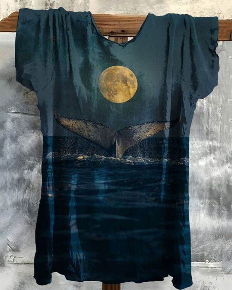 Women's Vintage Whale Art  Print Casual Cotton And Linen Shirt