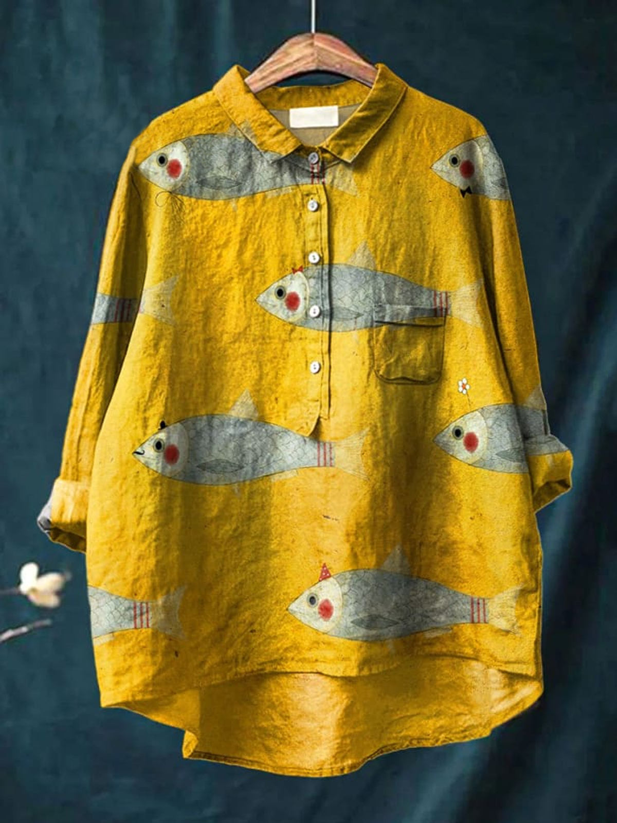 Women's Vintage Fish Art Print Casual Cotton And Linen Shirt