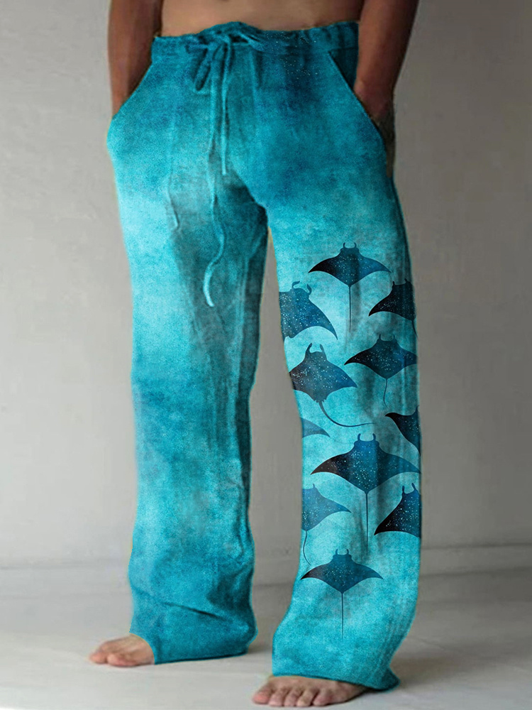 Funbibi Men's Manta Rays Art Print Linen Blend Casual Pants
