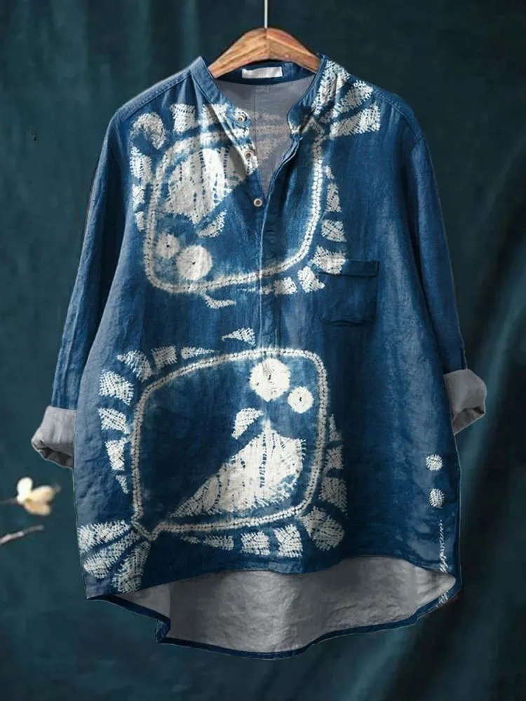 Shibori Indigo Fish Art Printed Women's Casual Long Sleeve Comfortable Cotton Shirt