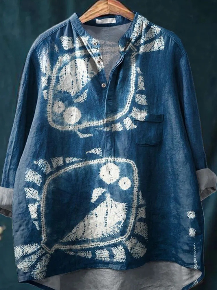 Shibori Indigo Fish Art Printed Women's Casual Long Sleeve Comfortable Cotton Shirt