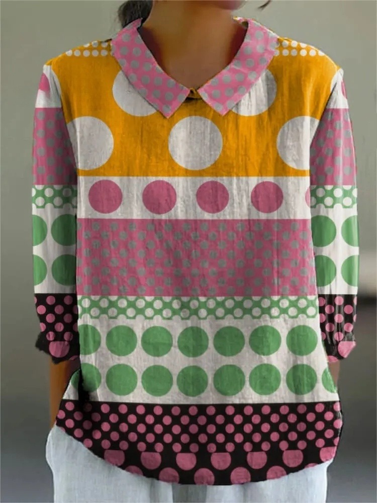 Geometric Polka Dot Pattern Printed Women's Casual 3/4 Sleeve Shirt