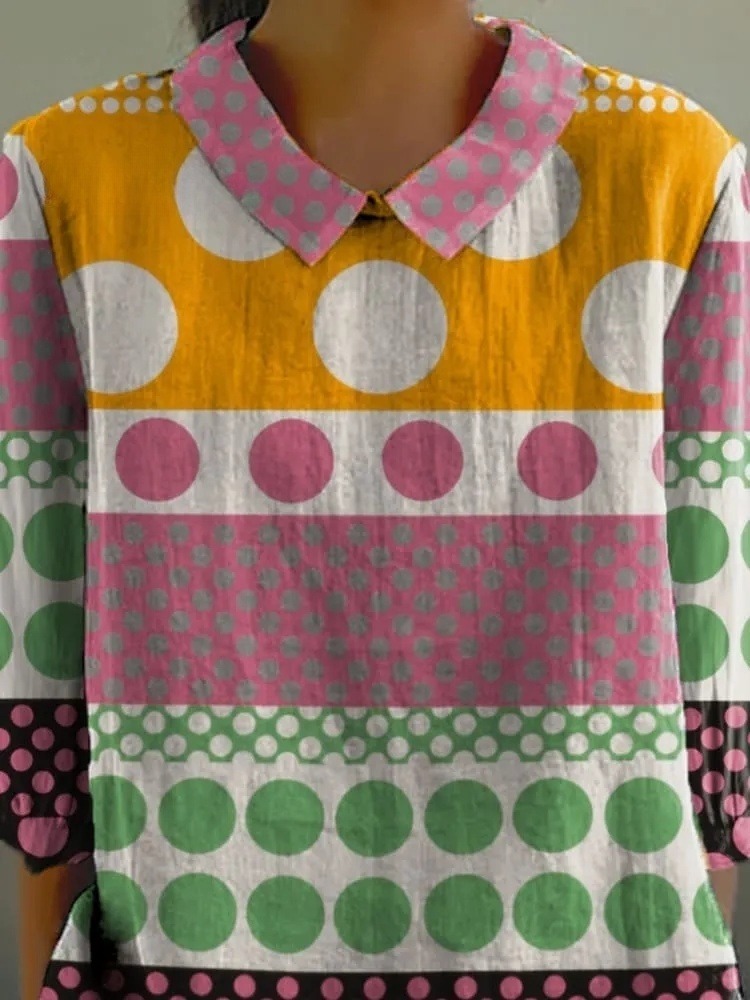 Geometric Polka Dot Pattern Printed Women's Casual 3/4 Sleeve Shirt