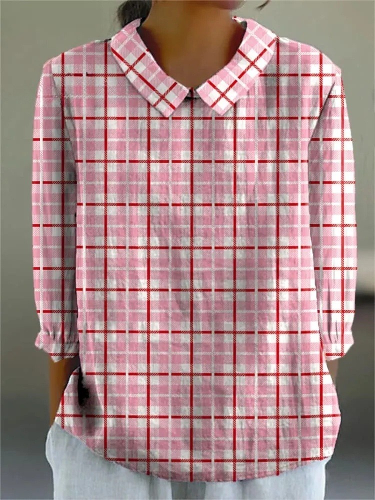 Lovely Plaid Pattern Printed Women's Casual 3/4 Sleeve Shirt