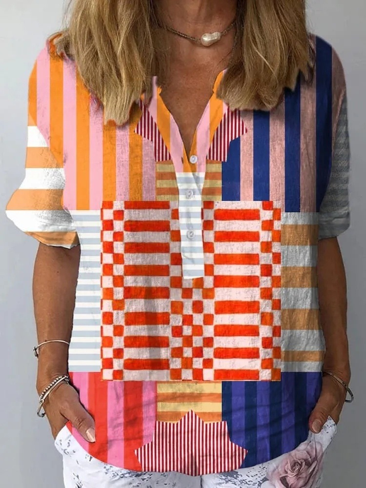 Colorful Geometric Pattern Printed Women's Casual Shirt