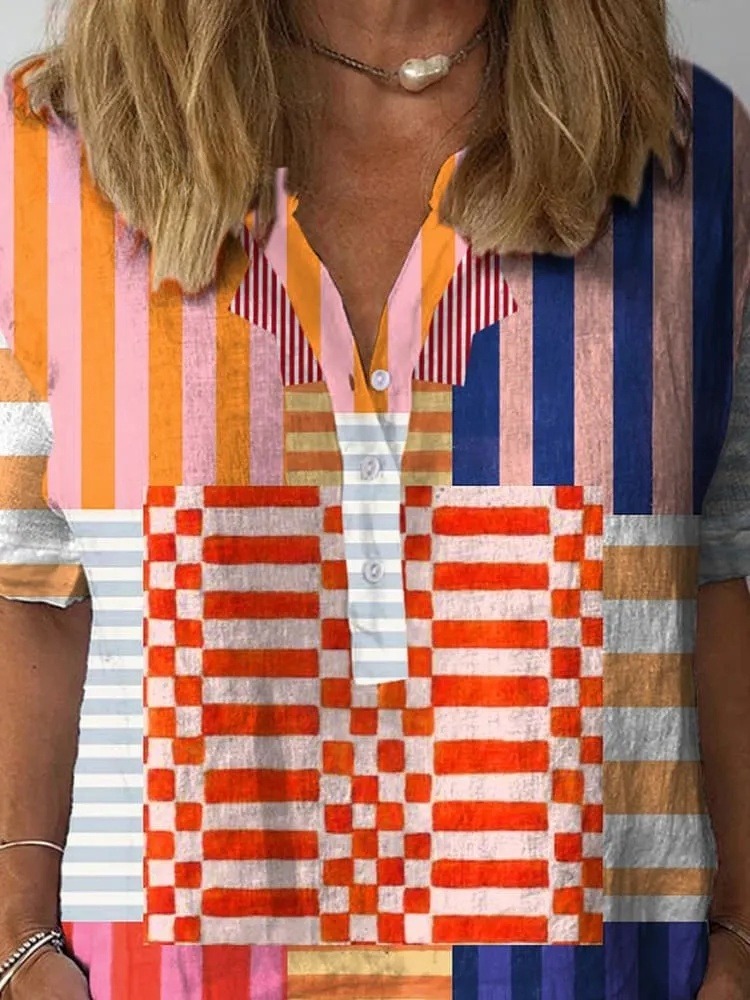 Colorful Geometric Pattern Printed Women's Casual Shirt
