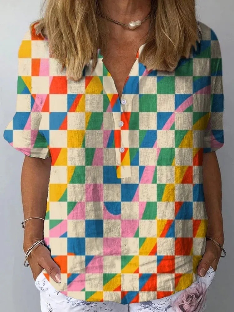Geometric Swirl And Check Pattern Printed Women's Casual Shirt
