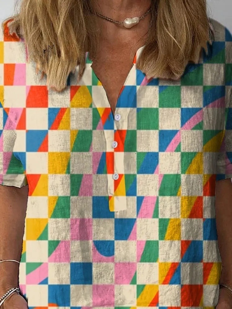 Geometric Swirl And Check Pattern Printed Women's Casual Shirt