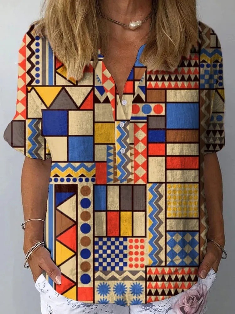 Abstract Geometric Pattern Printed Women's Casual Shirt