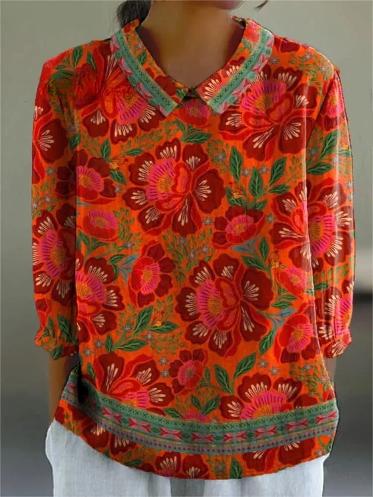Ethnic Style Summer Floral Pattern Printed Women's Casual 3/4 Sleeve Shirt