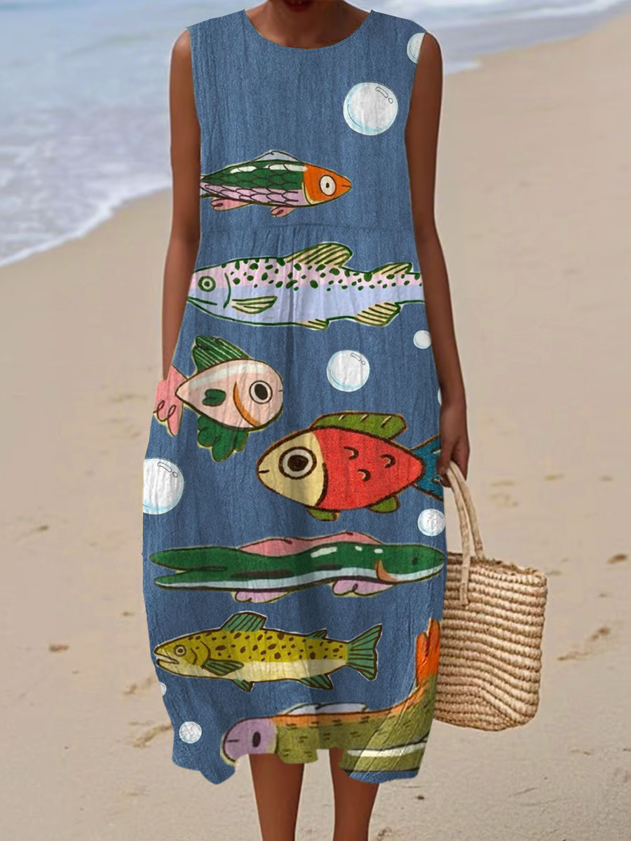 Women's Vintage Fish Art Print Sleeveless Cotton Pocket Wrap Dress