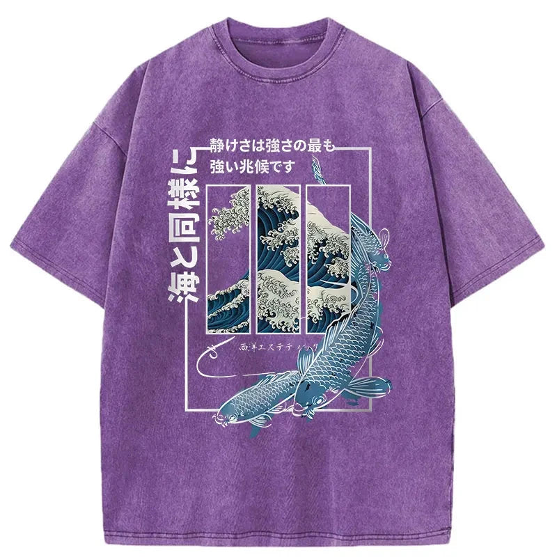 Ukiyoe Waves And Fish Washed T-Shirt