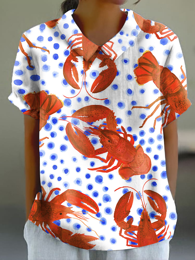 Women's Crayfish Colorblock Print Casual Cotton And Linen Short Sleeve Shirt