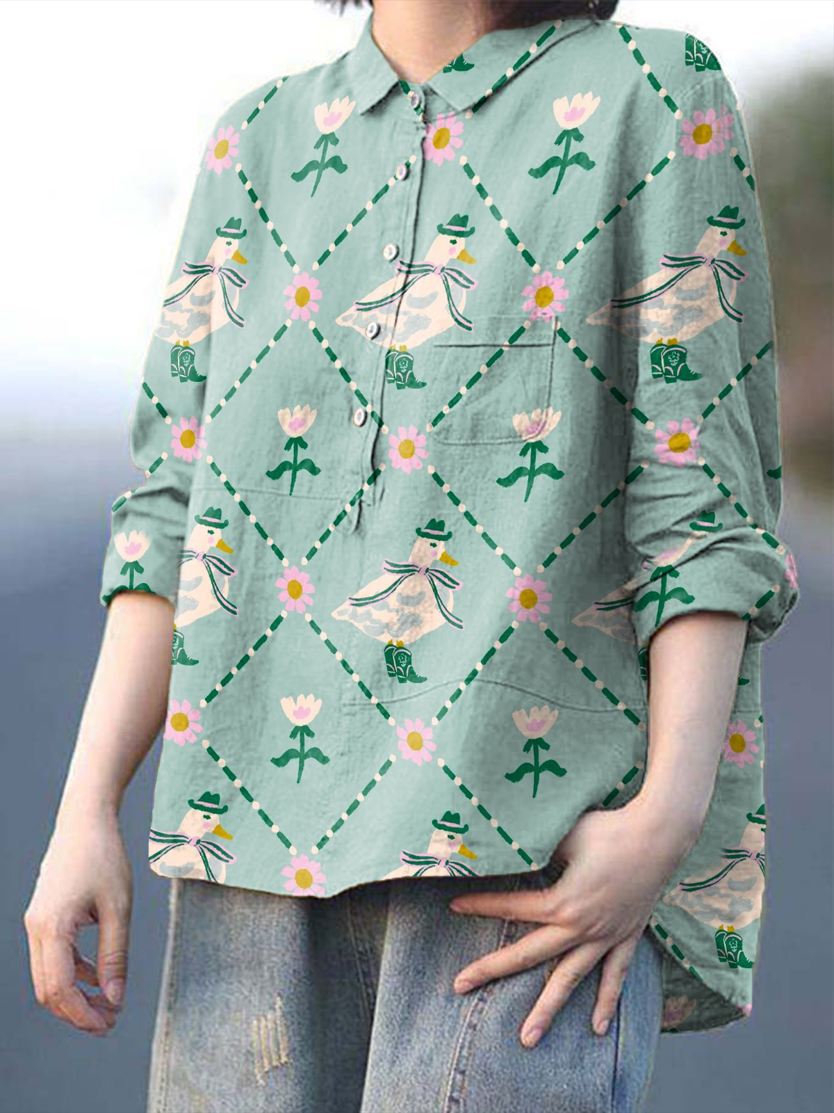Women's Roses And Duck Print Casual Cotton And Linen Shirt