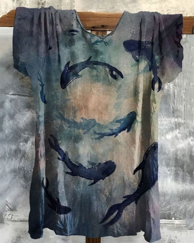 Women's Vintage Fishs Art  Print Casual Cotton And Linen Shirt