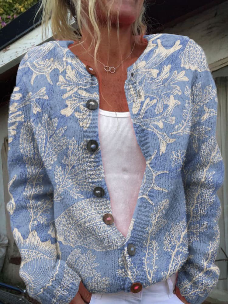 Undersea Plants and Shells Art Print Buttoned Cardigan Sweater