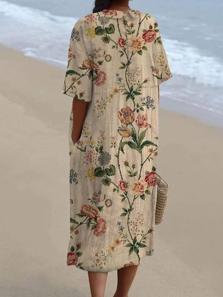 Women's Vintage Lovely Floral Art Print Pocket Linen Dress（Convertible Dress With Front And Back Option）