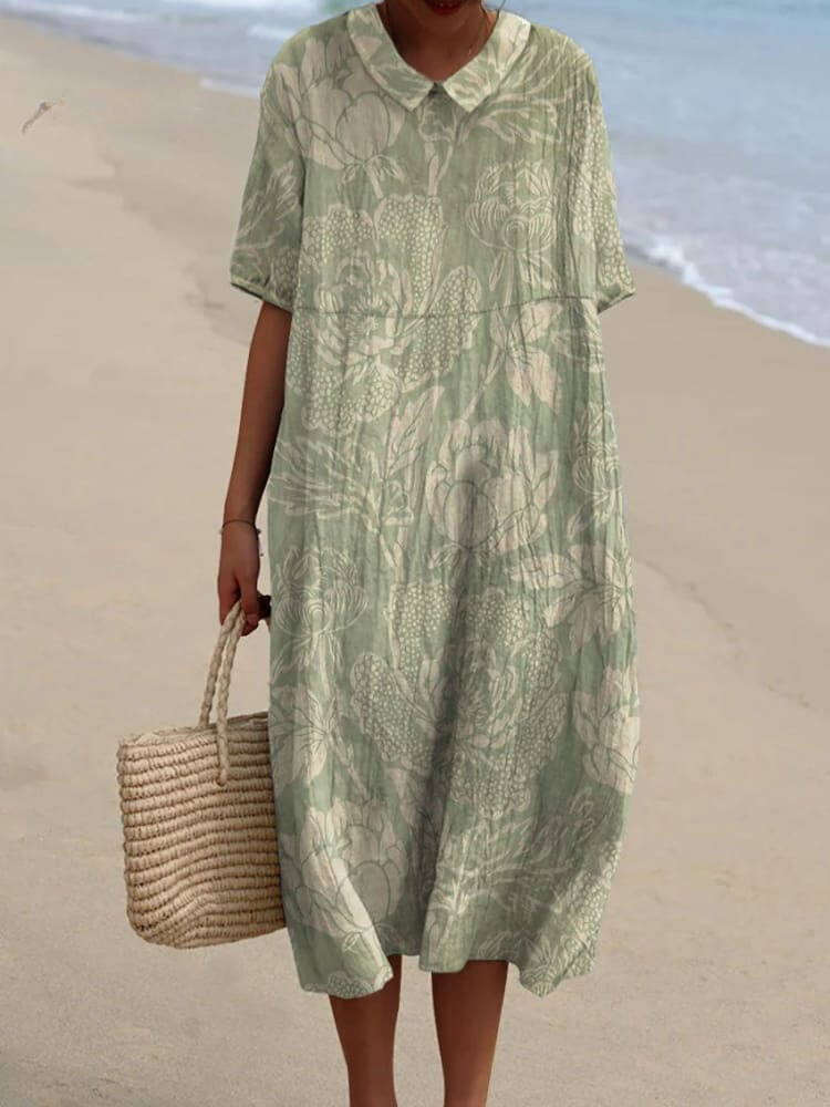 Women's Vintage Floral Art Print Pocket Linen Dress（Convertible Dress With Front And Back Option）