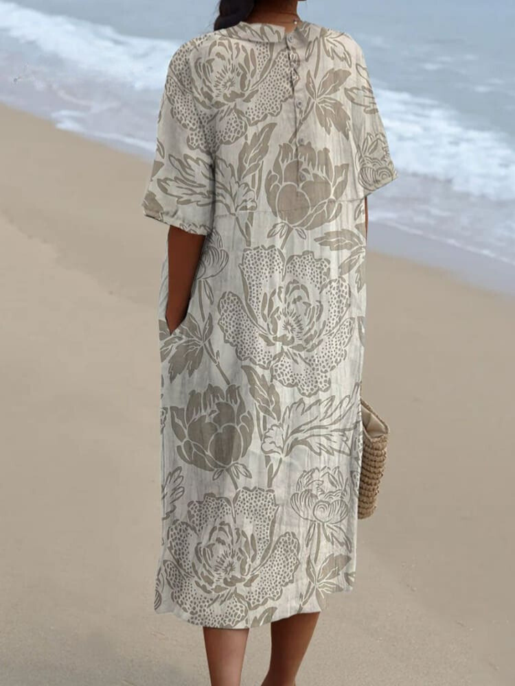 Women's Vintage Floral Art Print Pocket Linen Dress（Convertible Dress With Front And Back Option）