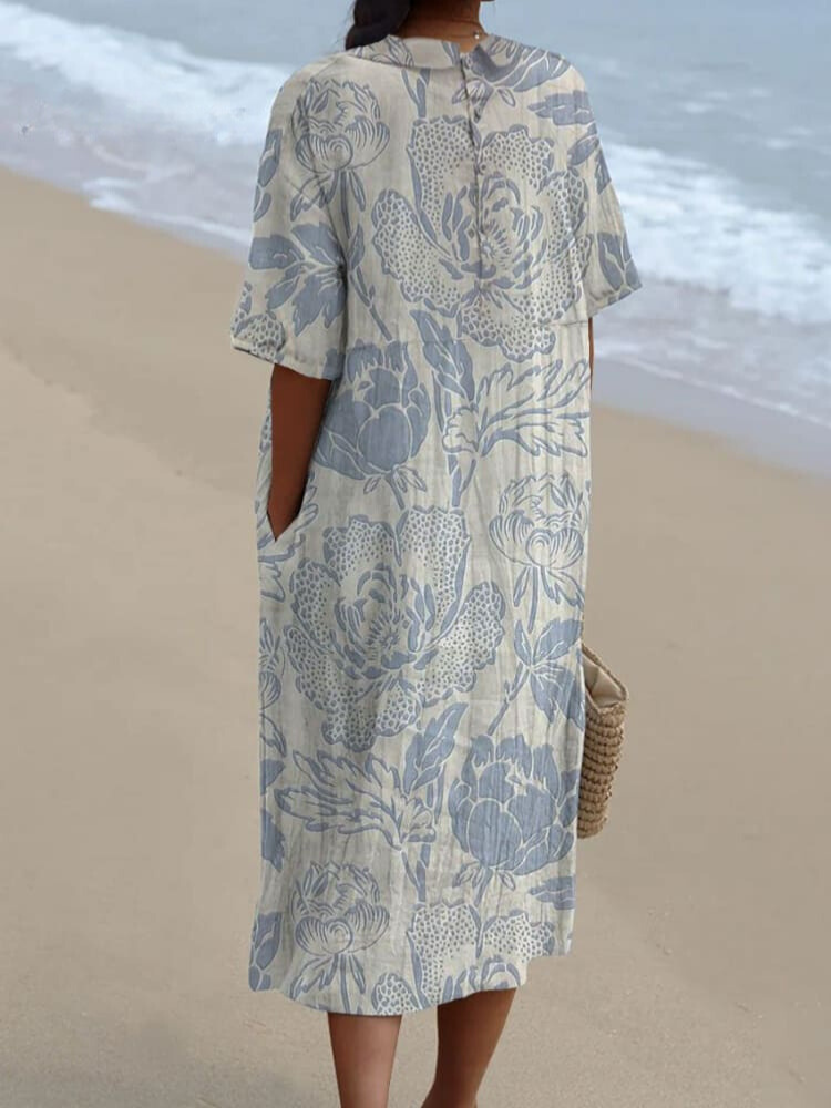 Women's Vintage Floral Art Print Pocket Linen Dress（Convertible Dress With Front And Back Option）