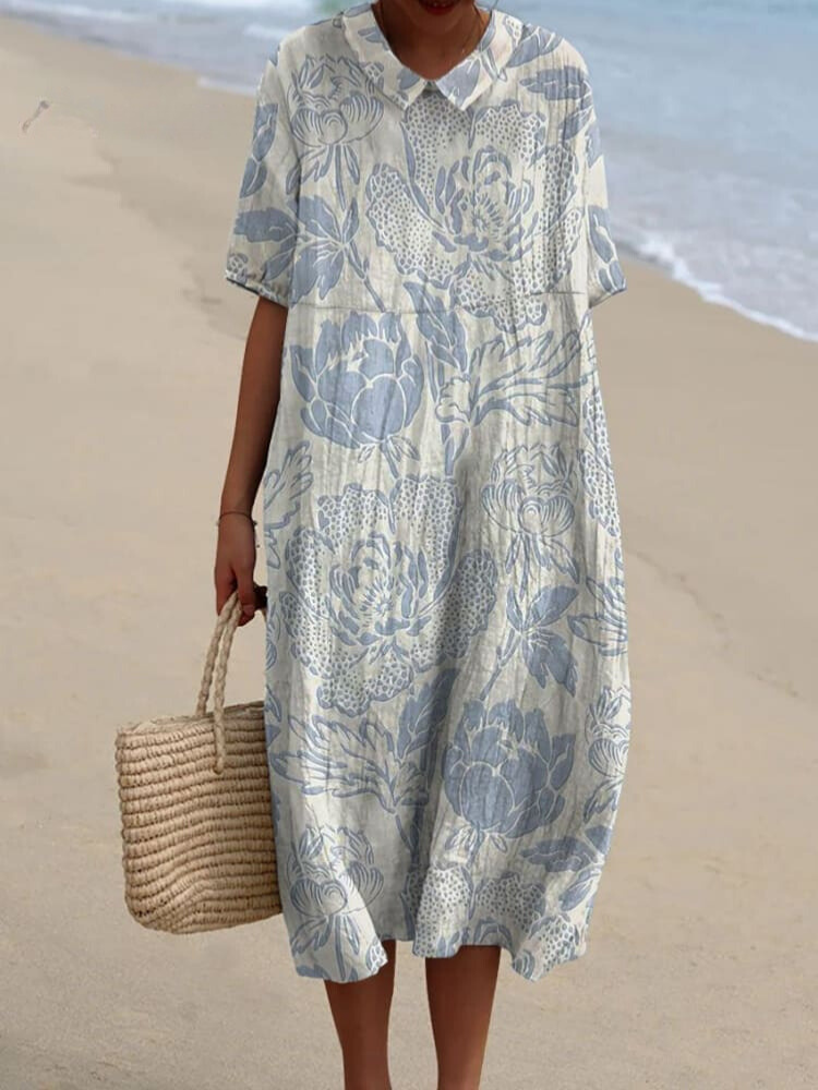 Women's Vintage Floral Art Print Pocket Linen Dress（Convertible Dress With Front And Back Option）