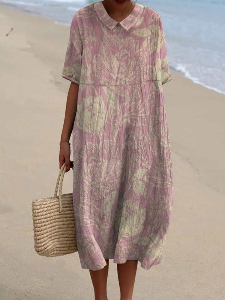 Women's Vintage Floral Art Print Pocket Linen Dress（Convertible Dress With Front And Back Option）