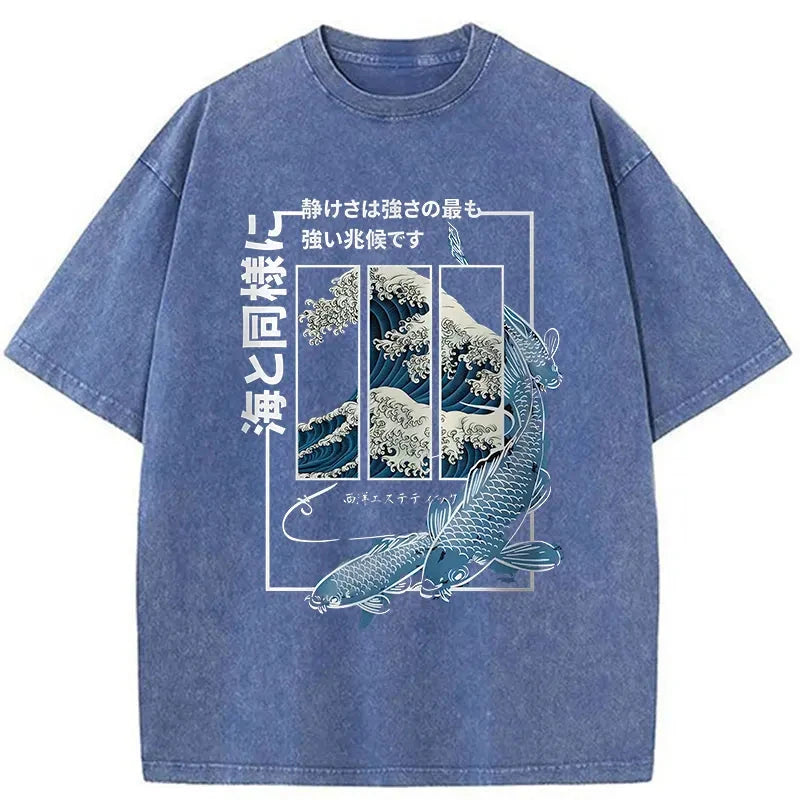 Ukiyoe Waves And Fish Washed T-Shirt