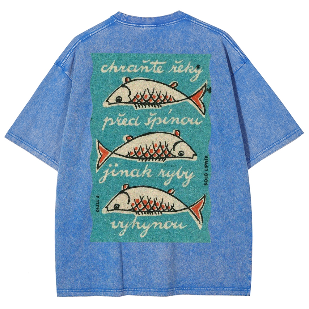 Fishes Pattern Printed Washed Vintage Short Sleeves T-Shirt