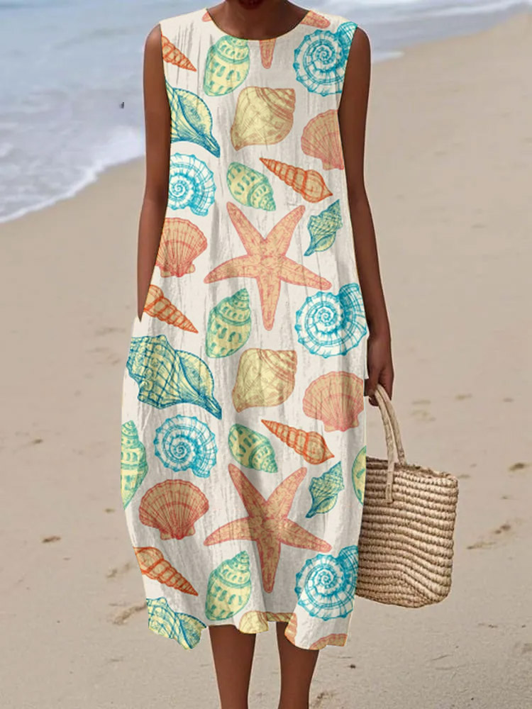 Women's Underwater World Starfish Conch Pattern Print Sleeveless Cotton Pocket Wrap Dress