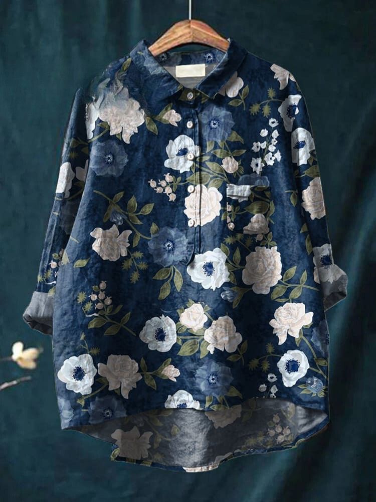 Women's Floral Art Print Casual Cotton And Linen Shirt
